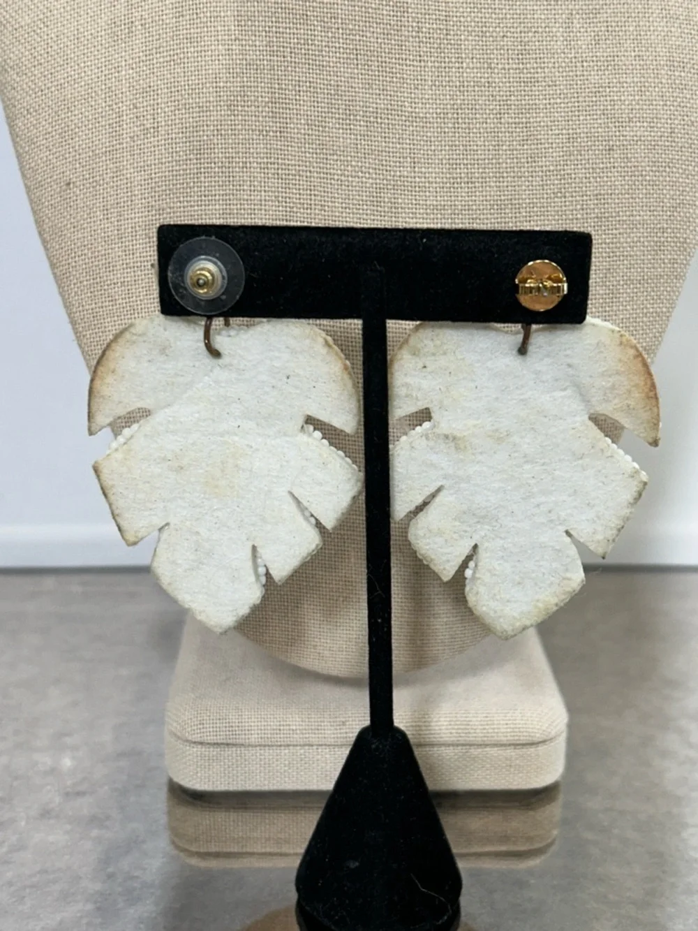 Beaded Monstera Leaf Statement Earrings - White and Gold